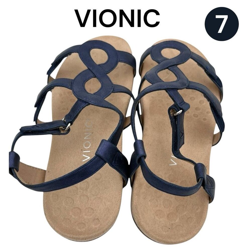 Vionic Women's Leather Adjustable Strap Jodie Strappy Sandals Navy Blue Size 7